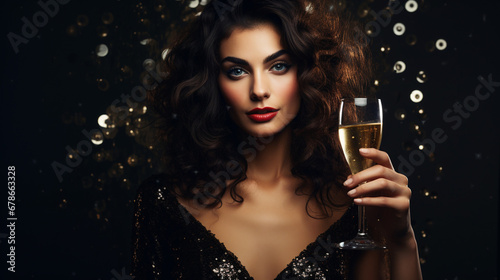 Portrait of attractive woman with glass of champagne. New Year party. 