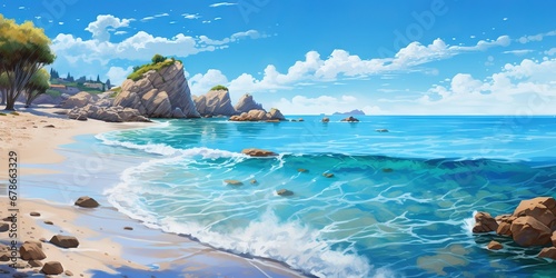 Mediterranean Serenity Turquoise Waves Embrace Sandy Coastal Beauty, Generative AI