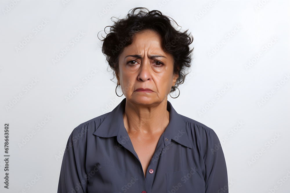 Obraz premium Sad crying senior Latin American woman portrait on white background. Neural network generated photorealistic image