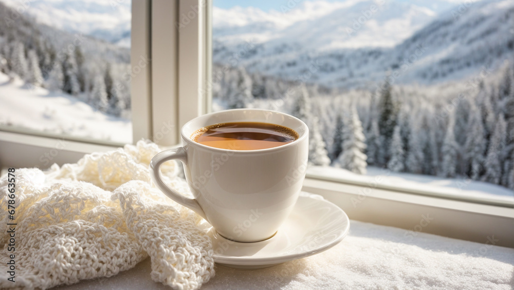 Cup of coffee on the windowsill, scarf on the background of the window - obrazy, fototapety, plakaty 