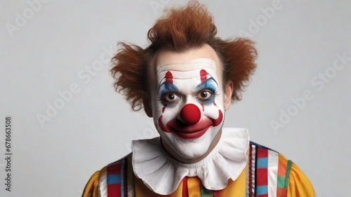 close-up portrait of funny clown against white background with space for text, AI generated, background image