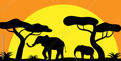 African Elephants Silhouettes Among Trees in Sunset