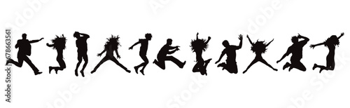 Set of vector silhouette of jumping people on white background. Symbol of sport and happiness.