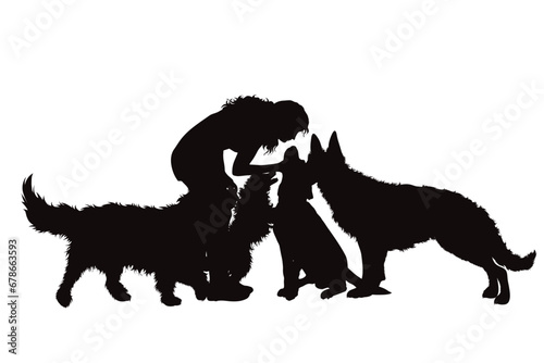 Vector silhouettes of girl with her dogs on white background. Symbol of pets and canine.