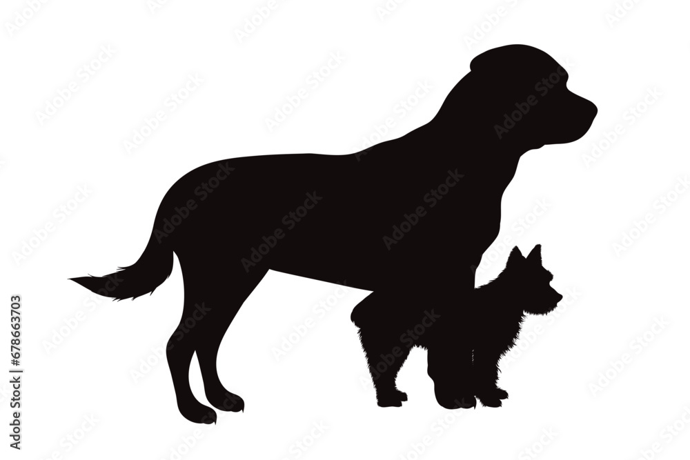 Vector silhouette of Rottweiler and Yorkshire terrier on white background. Symbol of pet and dog.