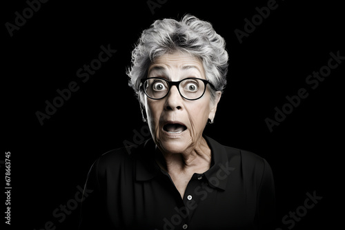Surprised gray-haired Latin American woman on black background. Neural network generated photorealistic image.