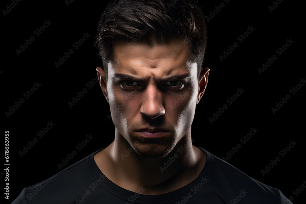 Sulking young adult Latin American man, head and shoulders portrait on black background. Neural network generated photorealistic image.