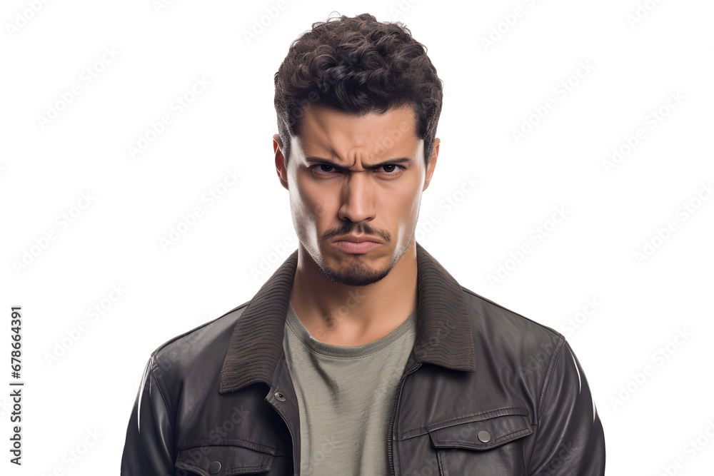 Sulking young adult Latin American man, head and shoulders portrait on white background. Neural network generated photorealistic image. Sulking young adult Latin American man, head and shoulders portrait on white background. Neural network generated photorealistic image.