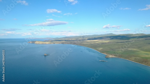 Russia, Lake Baikal, Bay Small Sea. View of the northern part of the island Olkhon, From Drone