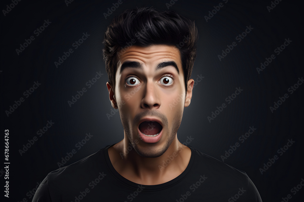 Surprised young adult Latin American man on black background. Neural network generated photorealistic image. Surprised young adult Latin American man on black background. Neural network generated photorealistic image.