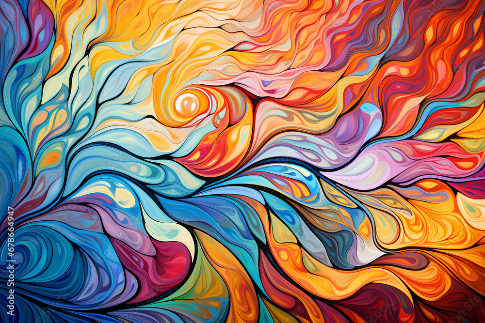 Creative Mind: Colorful abstract waves flow of imagination and creativity that can be enhanced or hindered by different psychiatric states or interventions.