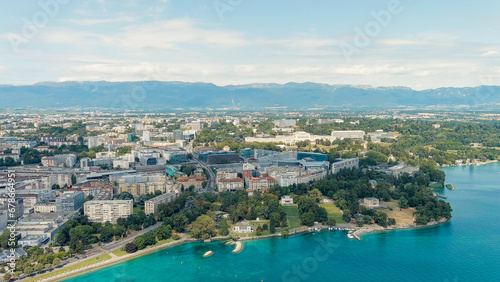 Geneva  Switzerland. UN headquarters in Switzerland on the shores of Lake Geneva. Summer day  Aerial View