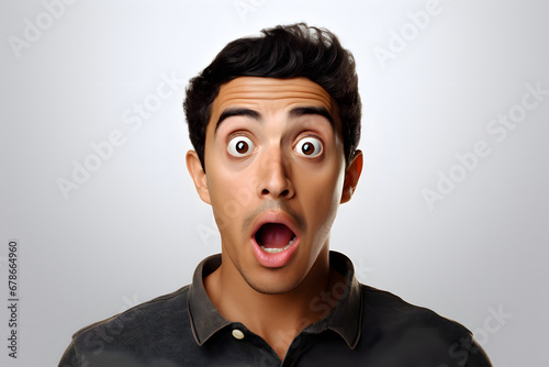Surprised young adult Latin American man on grey background. Neural network generated photorealistic image.