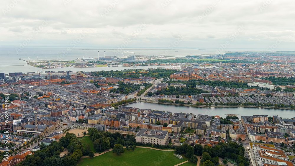 Copenhagen, Denmark. Copernhagen lakes. Panorama of the city center and port in cloudy weather. Summer day, Aerial View