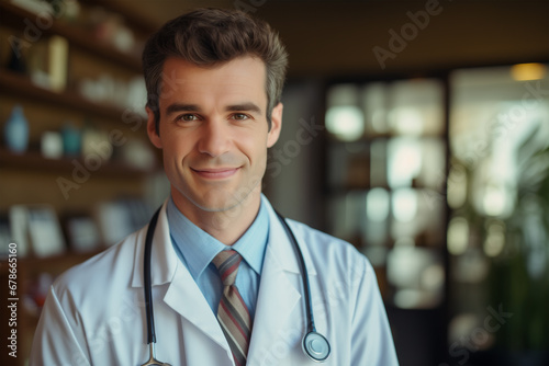 Portrait of mature doctor front of the hospital background