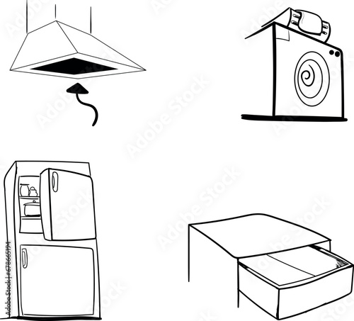 Set of four outline icons. Among them there is an air vent, a washing machine, a drawer and a refrigerator.