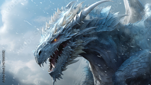 Blue frost giant dragon with scales on winter background © sema_srinouljan