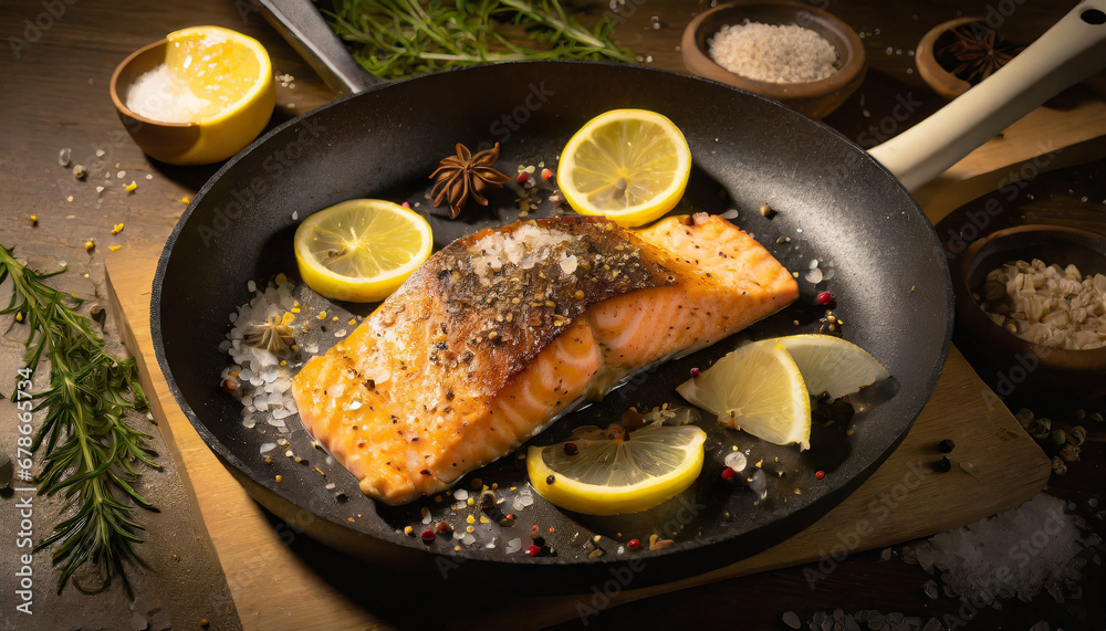 Fried, baked salmon with seasonings Fried, baked salmon with seasonings