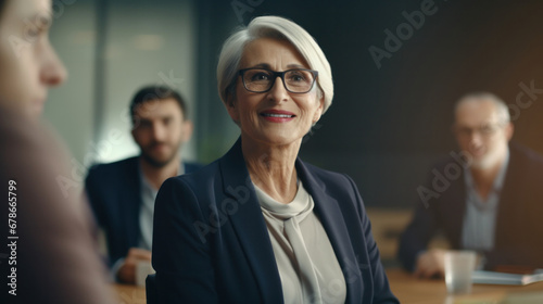 Confident senior businesswoman with a smile, engaging in a meeting with colleagues blurred in the background