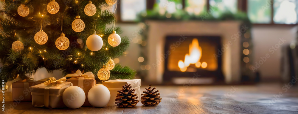 Christmas tree with gift boxed near a lit burning fireplace. Warm cozy atmosphere at home for receiving guests for the New Year holidays. Winter seasonal background.