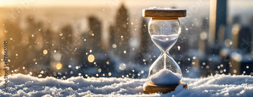 Hourglass in winter snow background. Concept of approaching Christmas and New Year holidays. Symbol of changing of the seasons.