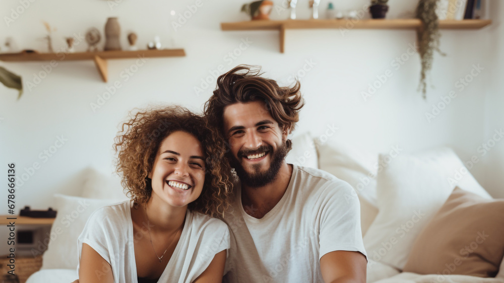 Happy couple having break during moving to new house. Happy couple having break during moving to new house.
