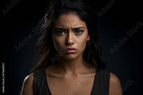 Sad young adult Latin American woman on black background. Neural network generated photorealistic image.