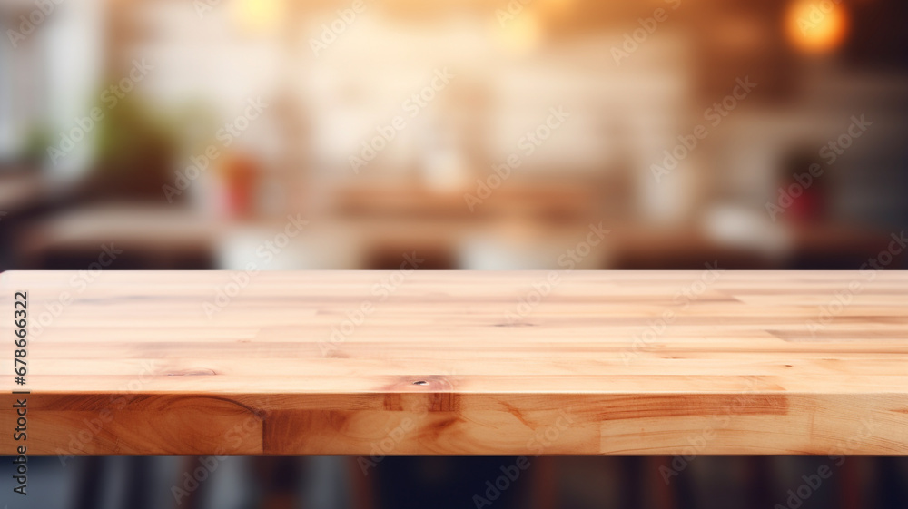 Empty minimal natural wooden table counter podium in the kitchen Empty minimal natural wooden table counter podium in the kitchen