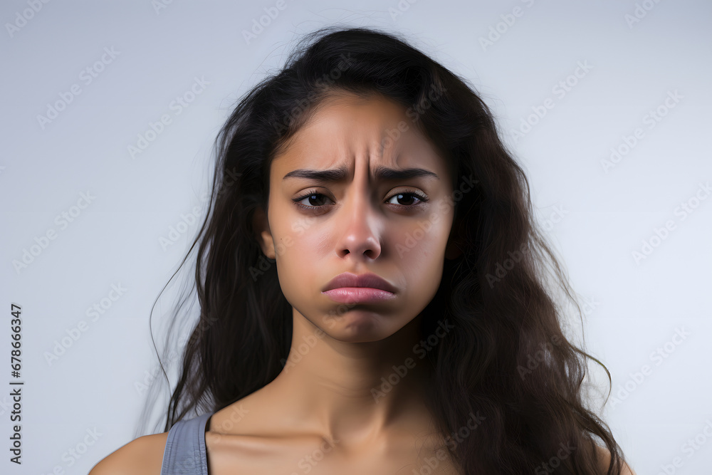Sad young adult Latin American woman on white background. Neural network generated photorealistic image. Sad young adult Latin American woman on white background. Neural network generated photorealistic image.