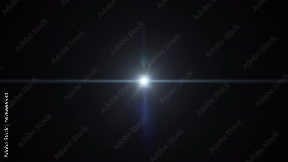 Loop center flickering white blue star rays lights optical lens flares shine long arm animation art on black abstract background. Isolated alpha channel Proress444