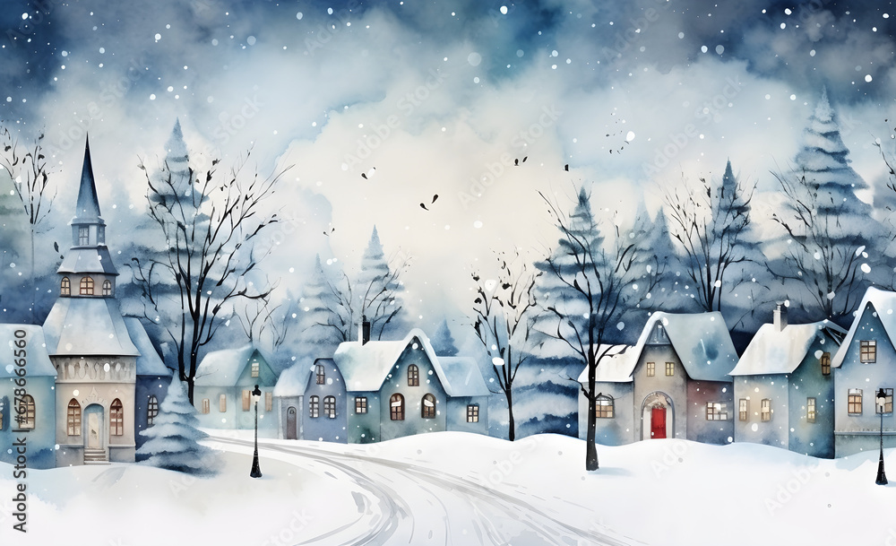 Illustration of a cute town landscape in watercolor for winter background,