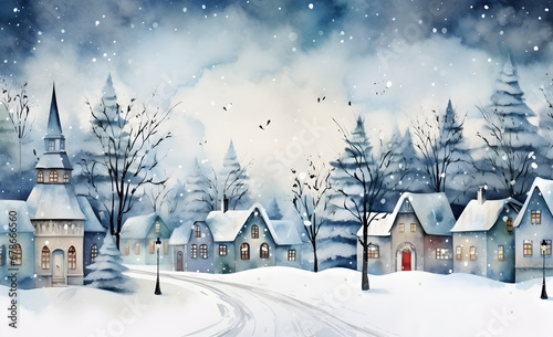 Illustration of a cute town landscape in watercolor for winter background, © Ash