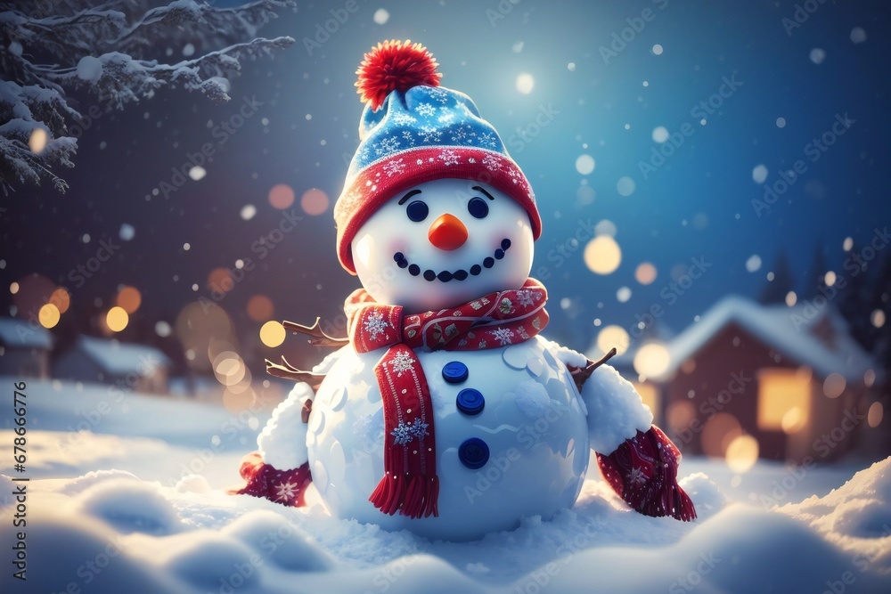 snowman of the snow Happy Snowman as a symbol of Christmas and New Year holidays in the beautiful light of evening lights. Background
snowman of the snow Happy Snowman as a symbol of Christmas and New Year holidays in the beautiful light of evening lights. Background