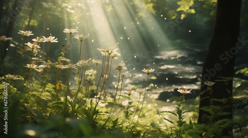 Sunlight breaking through the canopy, illuminating a single, exquisite wildflower.