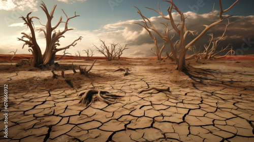 Bleak landscape showing desolate, dry earth with lifeless trees under a dramatic sky.