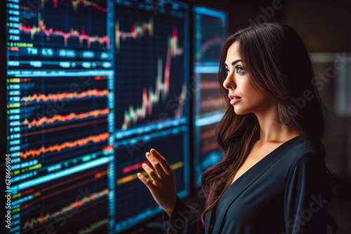 Beautiful female financial analyst examining stock display in her office, successful business woman analyzing data from computer screen