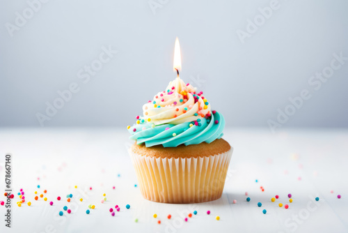 Close up shot of delicious birthday cupcake on light background  celebration muffin with candle ready to be blown  concept of celebration