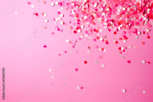 Beautiful pinkish confetti falling on bright pink background, concept of celebration wallpaper, wall decorated for festive event
