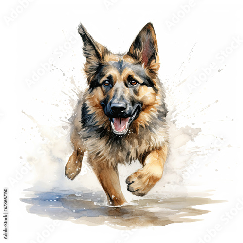 Beautiful German Shepherd dog running through a puddle. Watercolour painting isolated on white background.