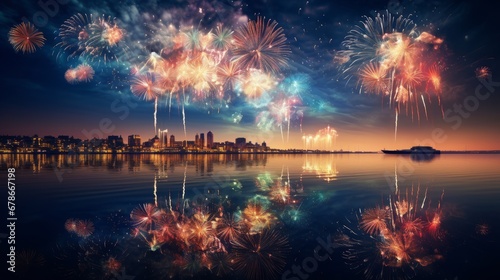 Colorful fireworks over the cityscape with sea and skyline at night © hardqor4ik