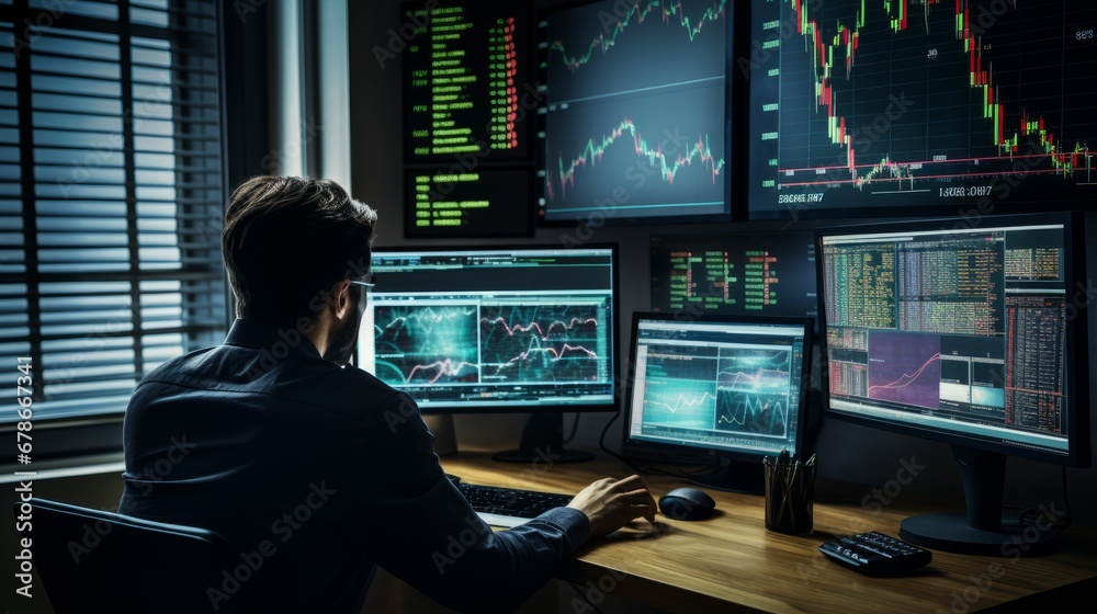 Rear view of trader sitting at desk and analyzing stock market data Rear view of trader sitting at desk and analyzing stock market data