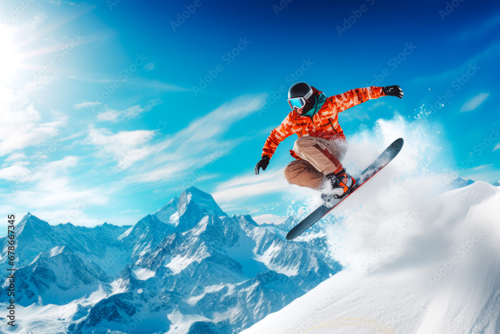 Close up shot of a snowboarder jumping on the top of mountains, winter sport concept, professional boarding on snow, athletic skills on board Close up shot of a snowboarder jumping on the top of mountains, winter sport concept, professional boarding on snow, athletic skills on board