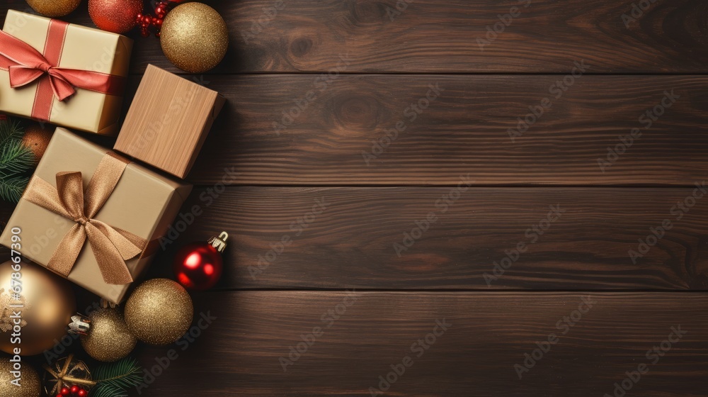 Christmas decoration on brown wooden background. Top view with copy space