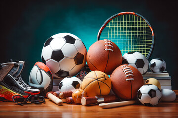 Concept of sport equipment, balls for different sports on pile, athletic professions to choose from, sport promotion for healthy lifestyle