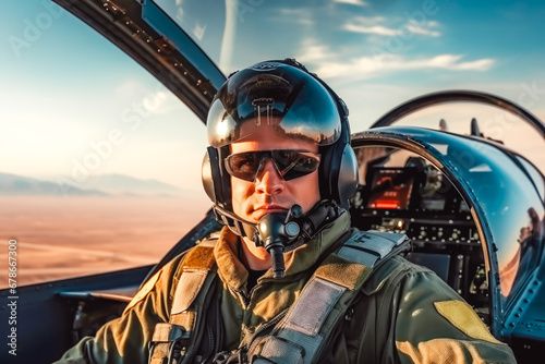 Portrait of soldier pilot with helmet and safety mask flying in cockpit on a secret mission, air force military army in training