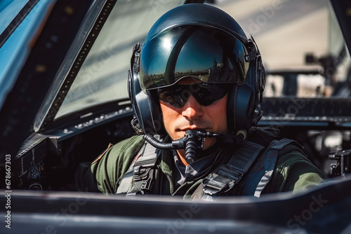 Portrait of soldier pilot with helmet and safety mask flying in cockpit on a secret mission, air force military army in training