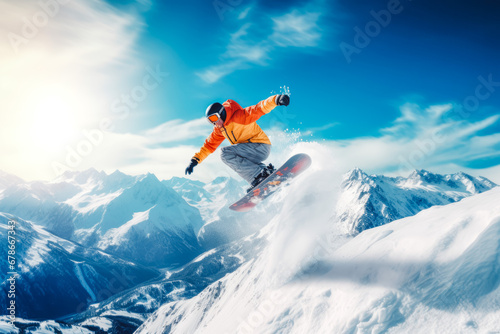 Close up shot of a snowboarder jumping on the top of mountains, winter sport concept, professional boarding on snow, athletic skills on board