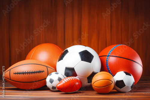 Concept of sport equipment, balls for different sports on pile, athletic professions to choose from, sport promotion for healthy lifestyle