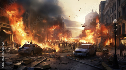 Apocalyptic city scene with fiery explosions, chaos in streets, and a devastated urban landscape