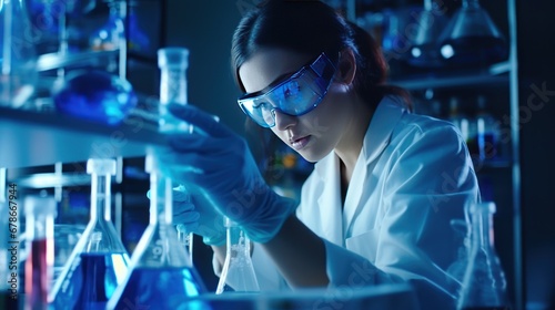 Clever woman scientist experimenting with new chemical formulas mixing different substances in large flask in modern laboratory. Scientist diligently excretes new substances in bulb in laboratory
